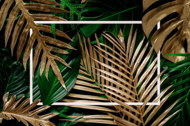 tropical green leaves and palms with white paper note frame, nature flat lay concept