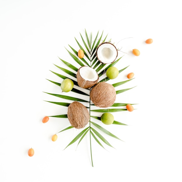 Tropical green palm leaf lyme and cracked coconut on white background nature concept flat lay top vi