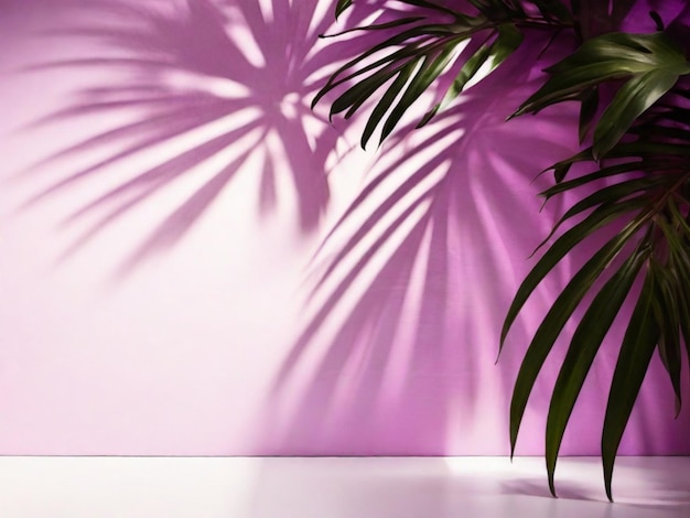 Tropical green palm leaf with shadow on a pink pastel background