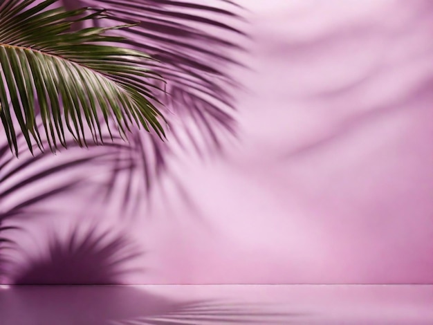 Tropical green palm leaf with shadow on a pink pastel background