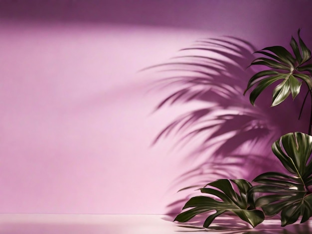 Tropical green palm leaf with shadow on a pink pastel background