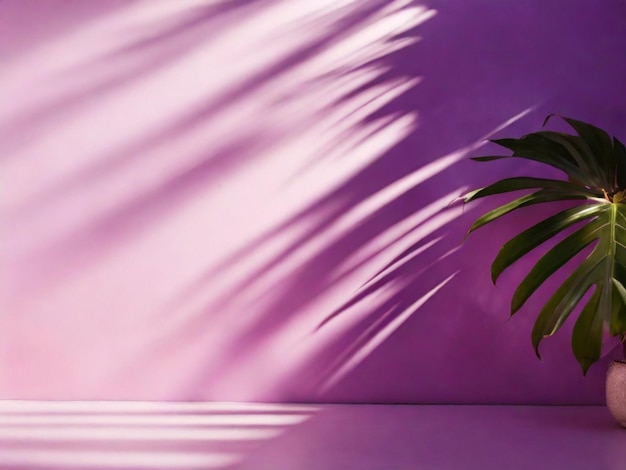 Tropical green palm leaf with shadow on a pink pastel background