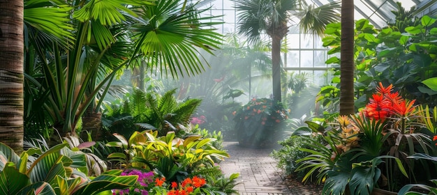 Tropical Greenhouse with Lush Foliage and Vibrant Exotic Flowers in Humid Environment