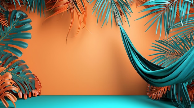 Photo tropical hammock with palm leaves and orange wall