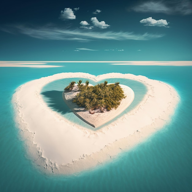 Tropical heart shape desert island with white sand beach