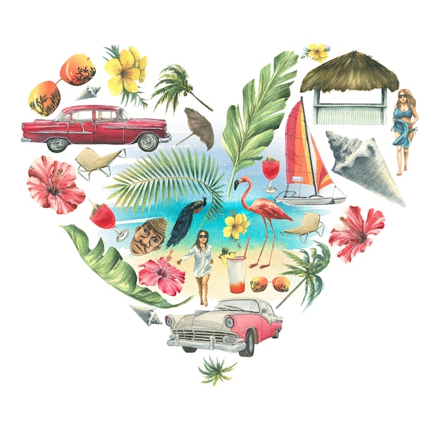 Tropical heartshaped print with leaves and palm trees retro cars beach accessories and girls against the background of the sea and sand Watercolor illustration from a large CUBA set