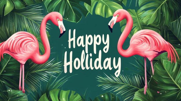 Photo tropical holiday greeting with pink flamingos