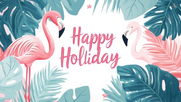 Photo tropical holiday greetings with pink flamingos