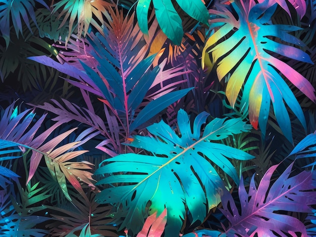 Tropical holographic background with exotic palm leaves Vibrant iridescent gradient colors