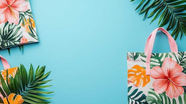 Photo tropical hopping bag mockup with vibrant floral design on a bright blue background