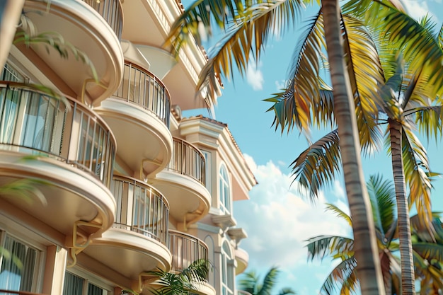 Tropical hotel exterior with balconies and palm trees swaying in the breeze