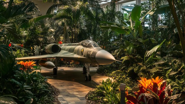 Photo tropical indoor oasis with a unique military jet display