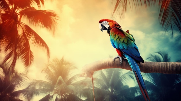 Tropical island background parrot on palm tree AI generated