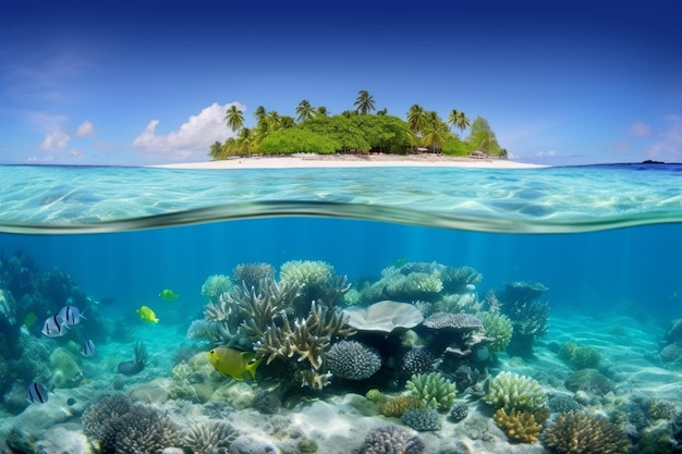 Tropical island and coral reef split view with waterline