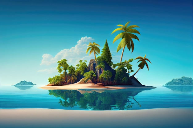 Tropical Island Floating on Blue Ocean Exotic Paradise Resort Landscape Cliffs and Jungles