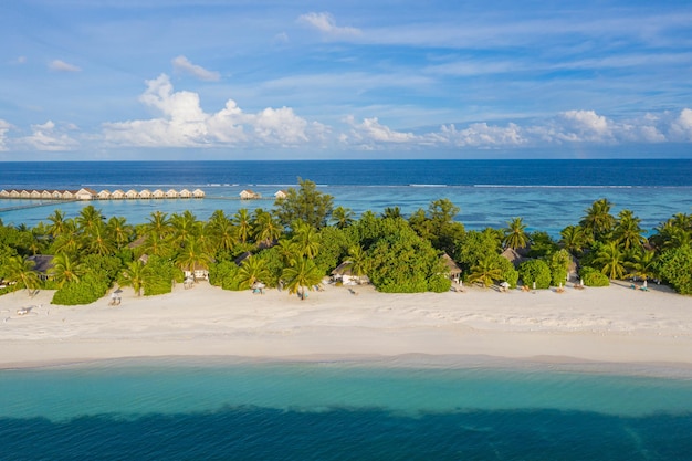 Tropical island Indian ocean Maldives. Aerial view of ocean lagoon, palm trees sandy shore landscape