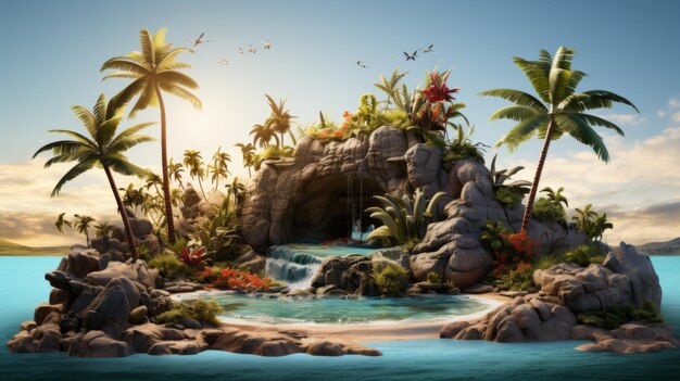 Photo tropical island oasis with a hidden waterfall