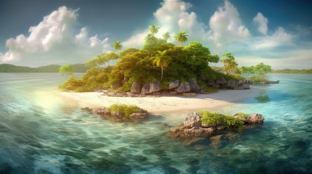 A tropical island in the ocean with palm trees on it