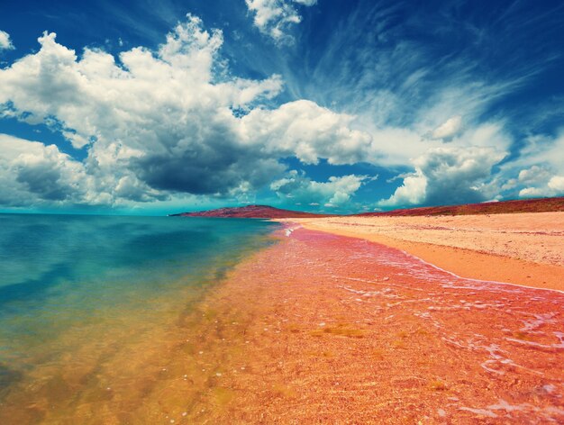 Tropical island Sandy beach and beautiful cloudy sky Beautiful wild nature