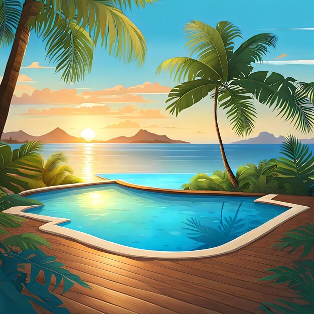 Photo tropical island setting with sparkling blue swimming pool