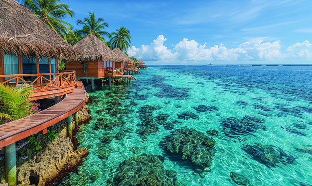 a tropical island with a beach hut and palm trees on the water