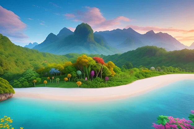 a tropical island with a beach and mountains in the background