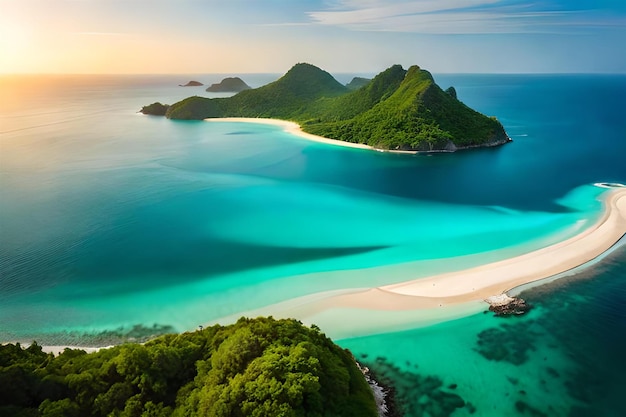 a tropical island with a beach and mountains in the background