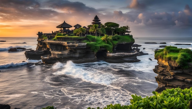 a tropical island with a beach and ocean with a tropical island in the background