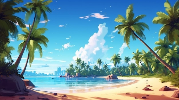 Tropical island with beach and palm trees Sunny ocean Paradise illustration style generated ai