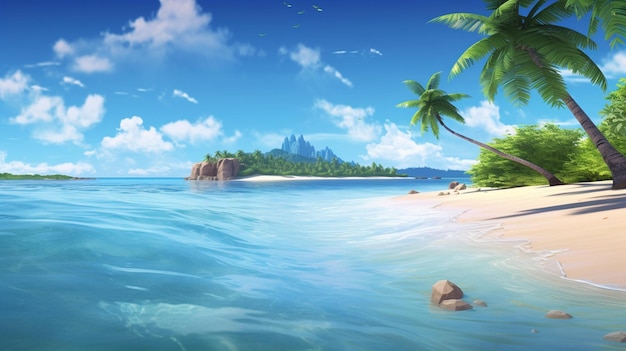 A tropical island with a beach and palm trees