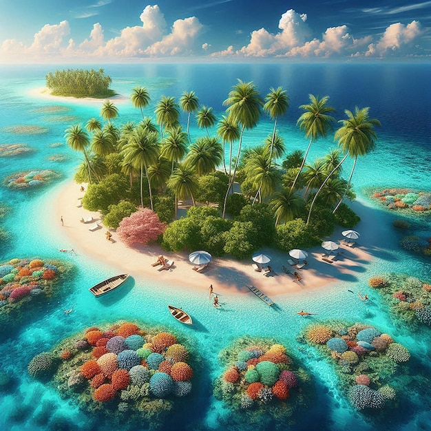 a tropical island with a beach scene with palm trees and boats