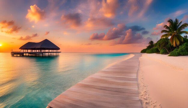 a tropical island with a beach and a thatched hut on the horizon