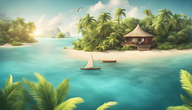 a tropical island with a boat and palm trees on the beach