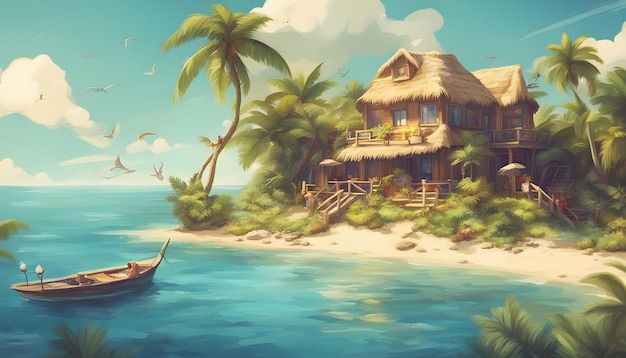 a tropical island with a boat and palm trees