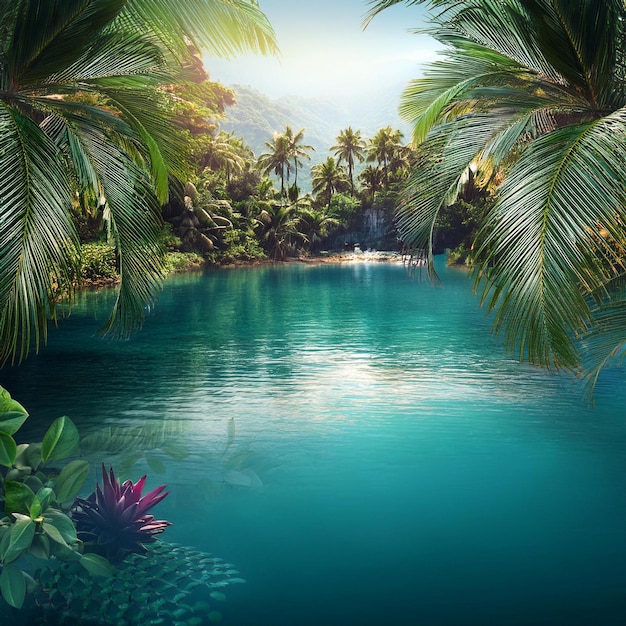 Photo a tropical island with a boat in the water and palm trees