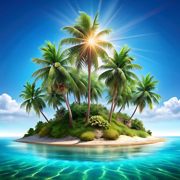 Photo a tropical island with coconut trees on the water and a blue sky with clouds in the background