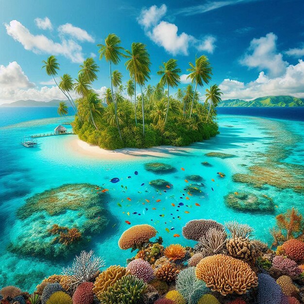 Photo a tropical island with corals and tropical fish in the water