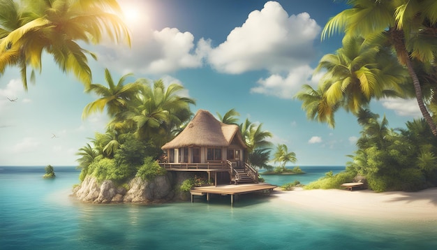 a tropical island with a house on the beach