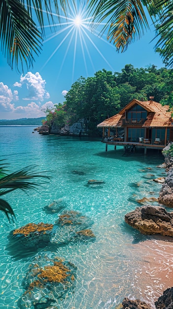 a tropical island with a house on the water and a palm tree in the background