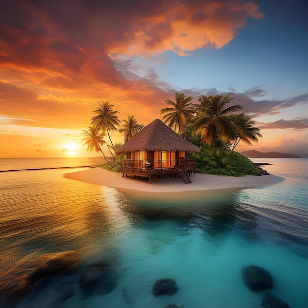 Photo a tropical island with a house on the water and palm trees in the background