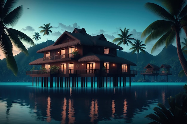 A tropical island with a house on the water