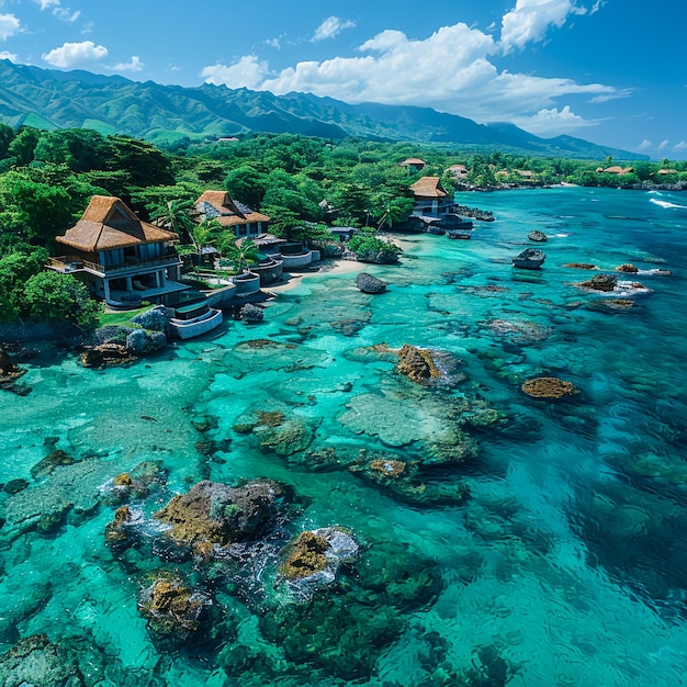 a tropical island with houses on the water and mountains in the background