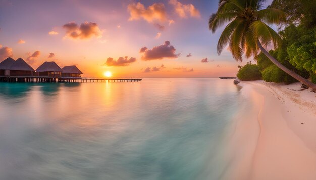 a tropical island with a palm tree and a sunset in the background