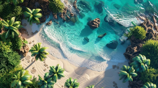 a tropical island with palm trees and a beach in the background