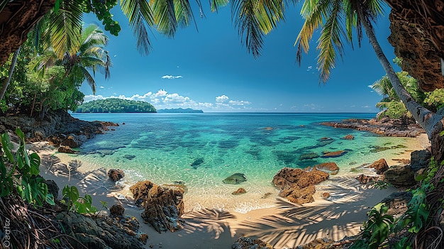 a tropical island with palm trees and a beach in the background