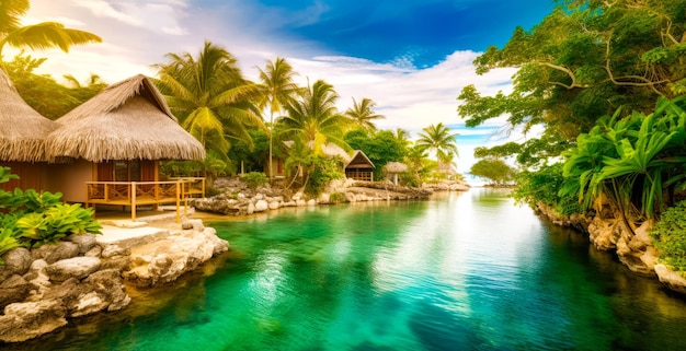 A tropical island with palm trees and a beach hut