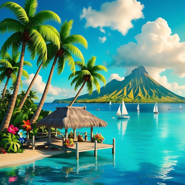 a tropical island with palm trees and a beach scene