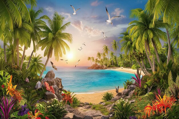 a tropical island with palm trees and a beach scene