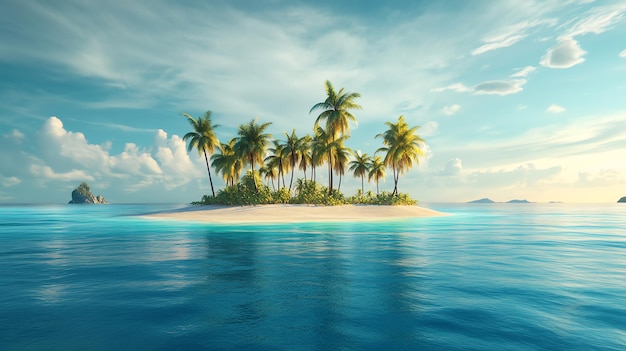 A tropical island with palm trees and a beautiful blue ocean