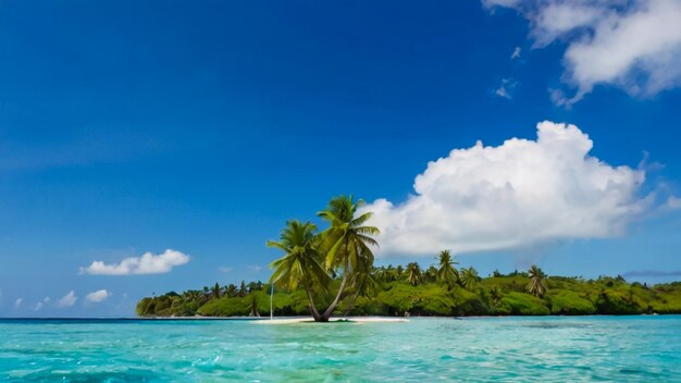 a tropical island with palm trees and a blue sky with clouds